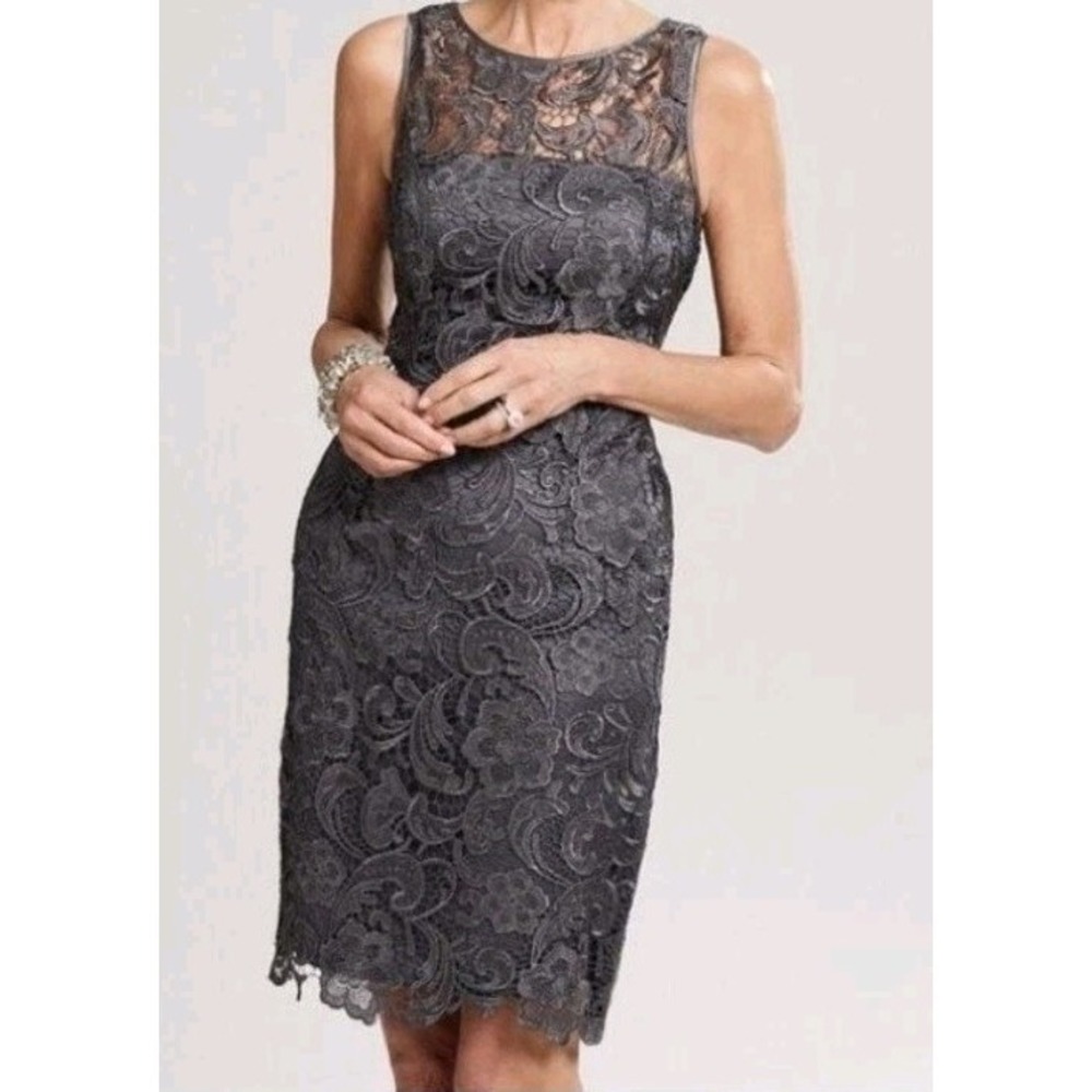 Adrianna Papel Illusion Neck Gray Lace Sheath Dress Size 12 Formal Wedding